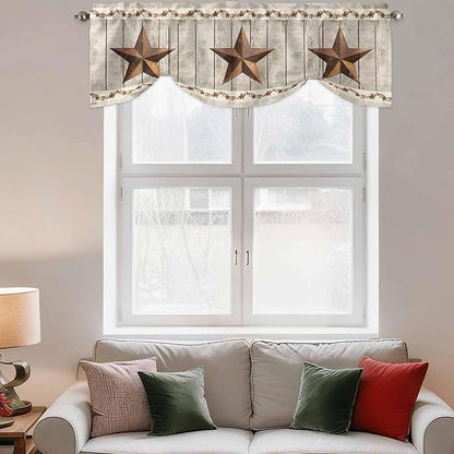 Western Texas Star Retro Tie Up Valance Curtains for Windows, Kitchen Curtains Window Shades, Country Farmhouse Gray Wood Grain Light Filtering Roman Curtain Valances for Bedroom/Bathroom/Cafe 54"x18"
