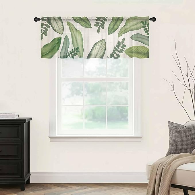 Summer Palm Leaf Sheer Valance Curtains, Green Tropical Plants Nature Leaves Linen Light Filtering Kitchen Valances Rod Pocket Voile Curtain Window Treatment for Bedroom/Living Room/Basement 54Wx18L