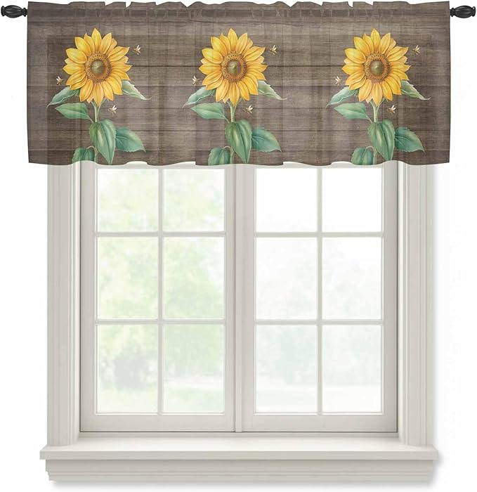 Summer Sunflower Sheer Valance Curtains, Yellow Floral Plants Bees Brown Wood Grain Light Filtering Kitchen Valances Rod Pocket Voile Curtain Window Treatment for Bedroom/Living Room/Basement 42Wx18L