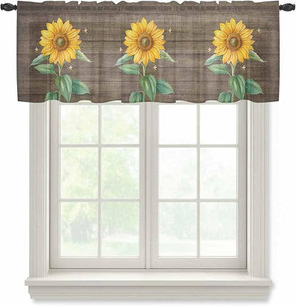 Summer Sunflower Sheer Valance Curtains, Yellow Floral Plants Bees Brown Wood Grain Light Filtering Kitchen Valances Rod Pocket Voile Curtain Window Treatment for Bedroom/Living Room/Basement 60Wx18L