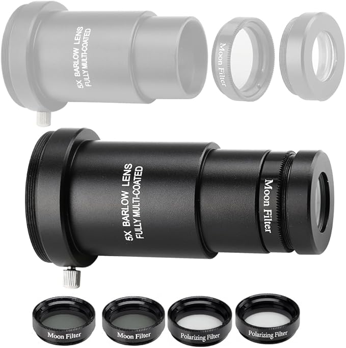 Complete Telescope Eyepiece Set - Multi-Coated Optics - 1.25 inch Eyepiece Set with 4mm, 10mm, 20mm Lenses, 5X Barlow Lens, 2 Moon Filters, 2 Polarizing Filters
