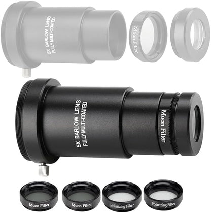 Complete Telescope Eyepiece Set - Multi-Coated Optics - 1.25 inch Eyepiece Set with 4mm, 10mm, 20mm Lenses, 5X Barlow Lens, 2 Moon Filters, 2 Polarizing Filters