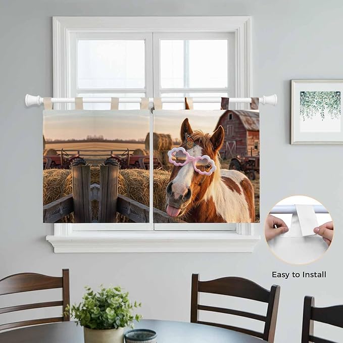 Farm Horses Kitchen Curtains 36 Inch Length, Small Window Curtains Tab Top, Farmhouse Barn Funny Animals Butterfly Light Filtering Short Window Treatments Tier Drapes 27.5"x36" 2 Panel