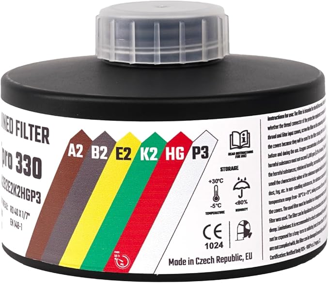 MIRA Safety - DotPro 330 - Industrial Grade Gas Mask Filter | A2 B2 E2 K2 HG P3 Filter Rating | Long Shelf Life | 40mm NATO Filter | Fits CBRN Gas Masks (Pack of 4)