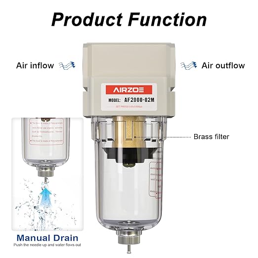 AIRZOE 1/4" NPT Air Dryer for Compressor - Air Compressor Water Separator AF2000-02, Manual Drain,5 Micron Brass Element, Poly Bowl