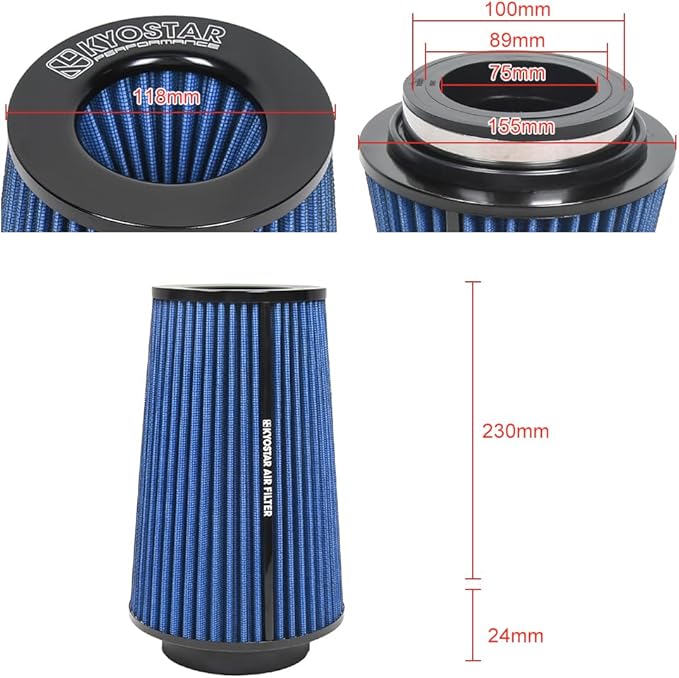 Universal 3/3.5/4" (75/89/100mm) High-Flow Air Filter, Reusable Cone Cold Air Intake, High Performance, Clamp-On Car High Flow Air Kit, Flange Diameter: 3/3.5/4 Inch, Height: 10 Inch, BLUE