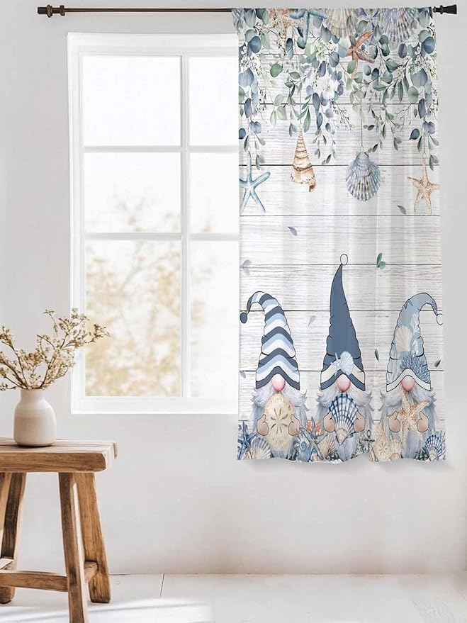 Sheer Curtains 63 Inch Length, Coastal Eucalyptus Leaf Semi Sheer Curtains Light Filtering Window Treatment, Ocean Blue Gnomes Starfish Wood Grain Privacy Voile Drapes for Living Room 52x63 Inch