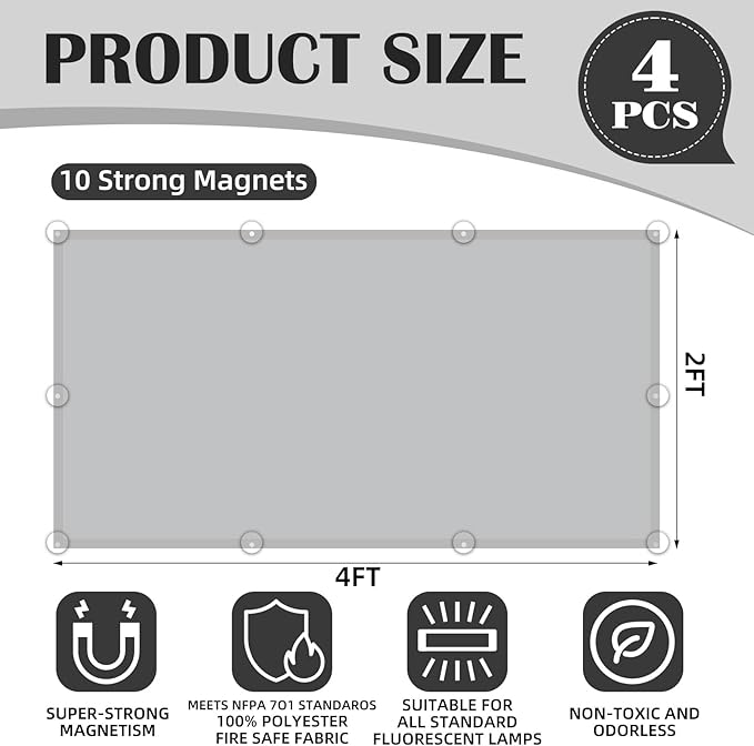 4 Pcs Fluorescent Light Covers - Classroom, Office 4 x 2 Feet Flame Retardant Magnetic Covers for Ceiling Lights Filters (Light Gray)