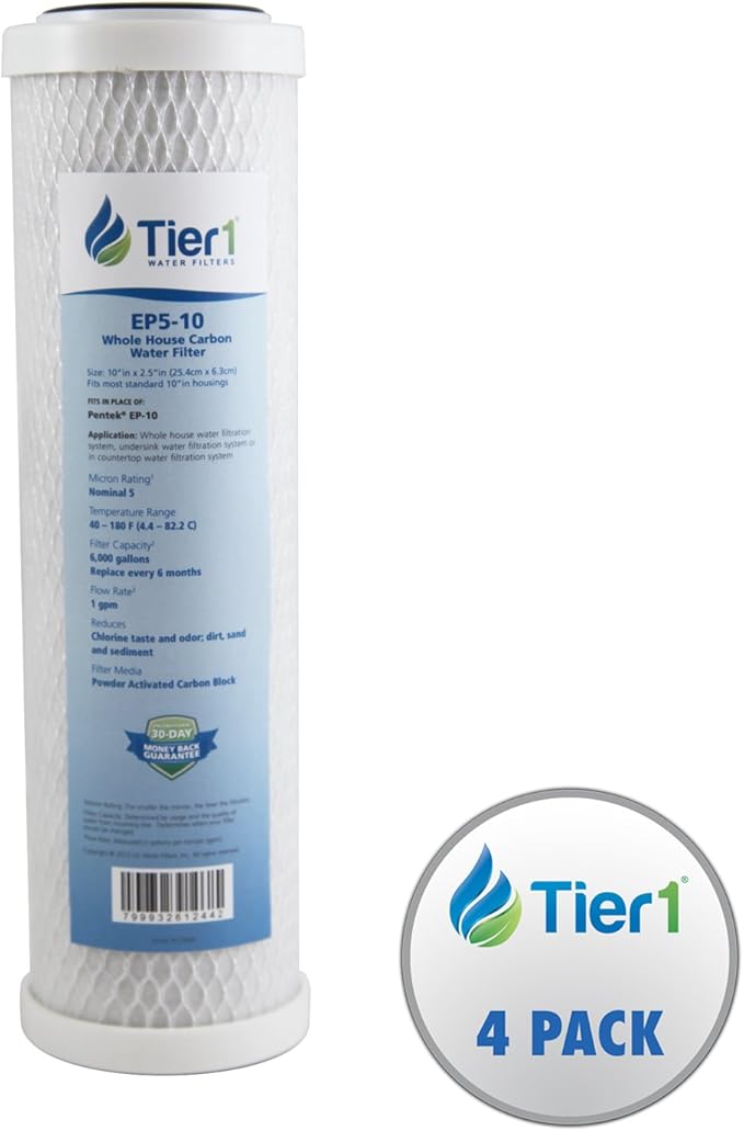 Tier1 5 Micron 10 Inch x 2.5 Inch | 4-Pack Whole House Carbon Block Water Filter Replacement Cartridge | Compatible with Pentek EP-10, 42-34373, 155531-43, CB-25-1005, MAXETW-975, Home Water Filter