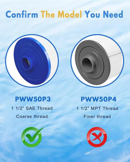SPA Filter Replacement 50 Sq.Ft (2 Pack) Hot Tub Filter 50 Sq.Ft. Screw in 1 1/2” SAE Thread for 6CH-940, FC-0359, 817-0050,25252,378902,03FIL1400,PWW50P3