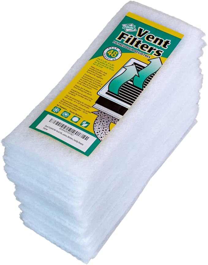 Vent Filters - Pack of 48 | Traps Dirt, Dust, Smoke, Pollen Size Particles | Provides Fresh, Filtered Air for Bathrooms, Bedrooms, Kitchen, Family Rooms.