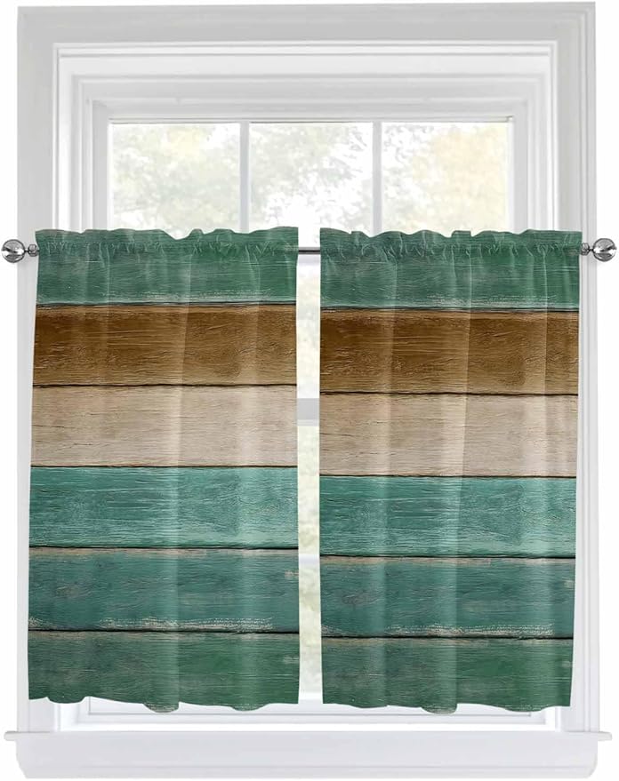 Vintage Plank Turquoise Brown Window Valance Curtains, Farmhouse Wood Grain Light Filtering Kitchen Valance with 3-inch Rod Pocket for Living Room Bathroom Bedroom,2 Panel,42x45In