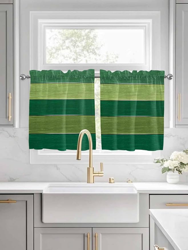 Farm Retro Green Wood Grain Window Valance Curtains, Rustic Wooden Plank Texture Light Filtering Kitchen Valance with 3-inch Rod Pocket for Living Room Bathroom Bedroom,2 Panel,27.5x24In
