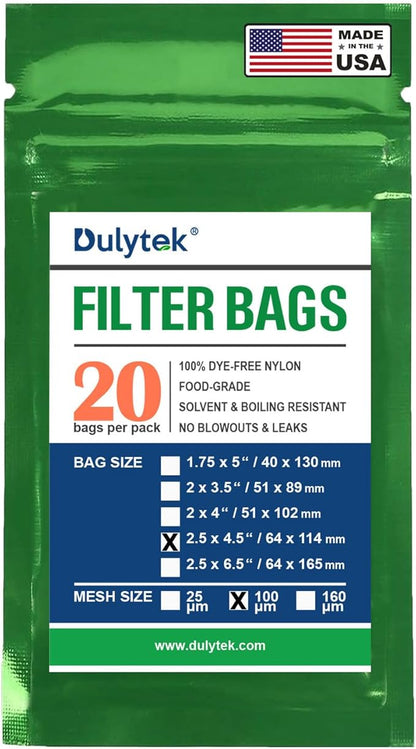 Dulytek Premium Nylon 20 Pcs Filter Bags, 100 Micron, 2.5" x 4.5", Double-Stitching, Zero Blowouts, Made in the USA