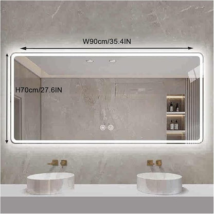 Smart Illuminated LED Bathroom Mirror，Bathroom Mirror with LED Lights，Energy-Saving LED Smart Mirrors，LED Mirror for Bathroom，with Demister Pad and Smart Touch Switch(H70*W90cm/H27.6*W35.4IN)