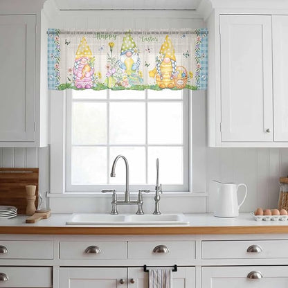 Easter Sheer Valances for Windows 54"x18", Light Filtering Kitchen Curtains Valance, Gnomes Colorful Eggs Butterfly Flowers Blue Check Rod Pocket Chiffon Curtains for Living Room Bedroom Cafe