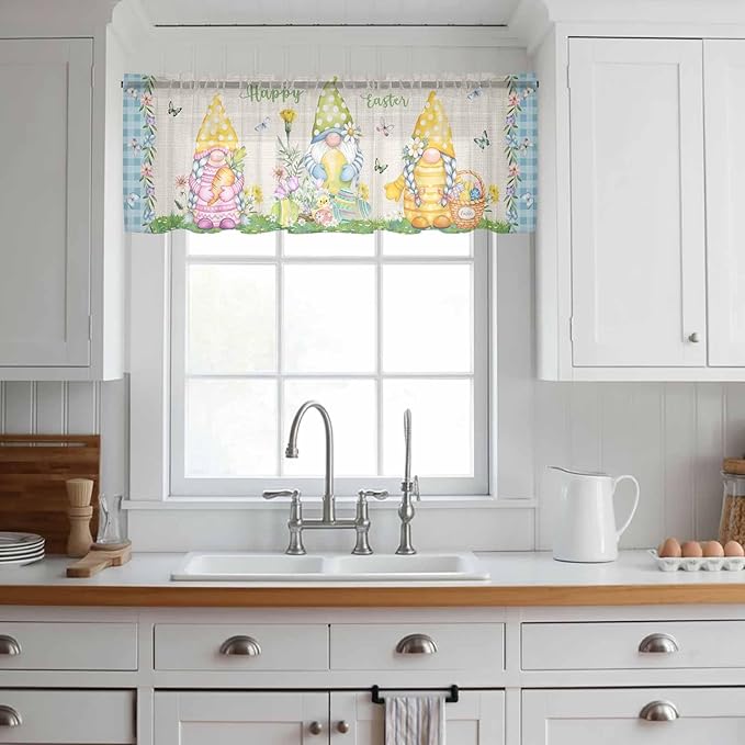 Easter Sheer Valances for Windows 42"x12", Light Filtering Kitchen Curtains Valance, Gnomes Colorful Eggs Butterfly Flowers Blue Check Rod Pocket Chiffon Curtains for Living Room Bedroom Cafe