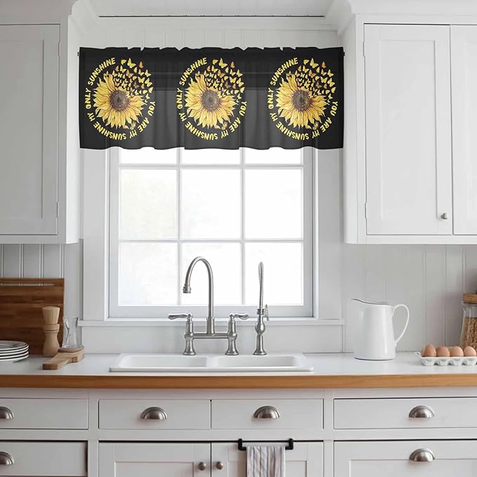 YOU ARE MY SUNSHINE Sheer Valance Curtains, Summer Sunflowers Golden Gradient Butterflies Light Filtering Kitchen Valances Rod Pocket Voile Curtain Treatment for Bedroom/Living Room/Basement 42Wx12L