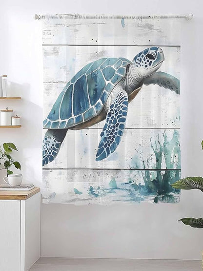 Sheer Curtains 63 Inch Length, Teal Green Sea Turtle Semi Sheer Curtains Light Filtering Window Treatment, Summer Ocean Vintage Wood Grain Privacy Voile Drapes for Living Room Bedroom 52x63 Inch
