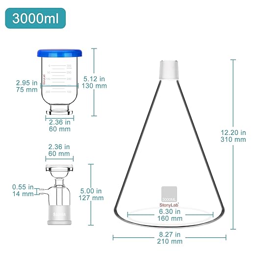 stonylab Glass Filtration Apparatus, Borosilicate Glass Vacuum Filtration Assembly Filter Kit with 3000 ml Filtering Flask and 500 ml Graduated Funnel