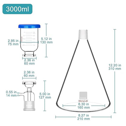stonylab Glass Filtration Apparatus, Borosilicate Glass Vacuum Filtration Assembly Filter Kit with 3000 ml Filtering Flask and 500 ml Graduated Funnel