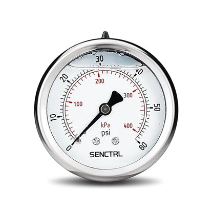 SENCTRL 0-60 Psi Glycerin Liquid Filled Low Pressure Gauge, 2.5" Dial Size, 1/4" NPT Back Mount, Stainless Steel Case, for Pool Sand Filter Pump Tire Water Oil Air Pressure Test