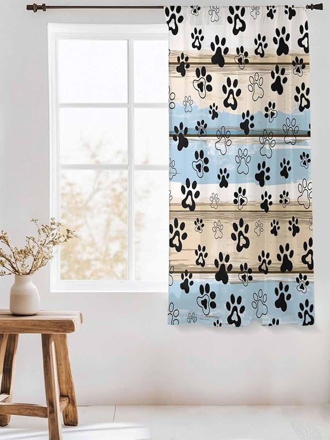 Sheer Curtains 72 Inches Long, Blue Dog Paw Print Semi Sheer Curtains Light Filtering Window Treatment, Vintage Farmhouse Rustic Wooden Grain Privacy Voile Drapes for Living Room Bedroom 52x72 Inch