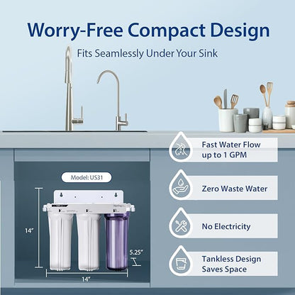 iSpring US31 Under Sink Water System, NSF Certified 3-Stage Water Filters, Reduces PFAS, Chloramine, Chlorine and More, Tankless Water Filter System with Faucet
