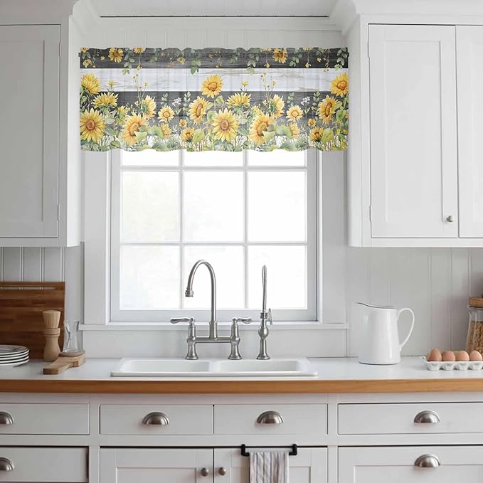 Summer Floral Sheer Valance Curtains, Watercolor Sunflower Eucalyptus Leaves Black Wood Grain Light Filtering Kitchen Valances Rod Pocket Voile Curtain for Bedroom/Living Room/Basement 42Wx12L