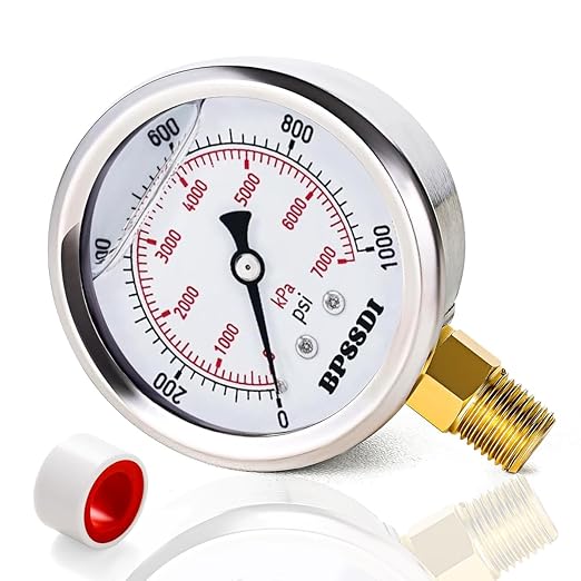 0-1000 Psi Glycerin Liquid Filled Hydraulic Pressure Gauge, 2.5" Dial Size, 1/4" NPT Lower Mount, 304 Stainless Steel Case, for Water Oil Air Gas Pressure Test