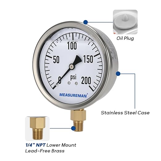 MEASUREMAN Glycerin Filled Plumbing Pressure Gauge 0-200psi Stainless Steel Case, 4" Dial 1/4" NPT Brass Lower Mount, Suitable for Pneumatic Tools, Water Filtration & Industrial Hydraulic Systems