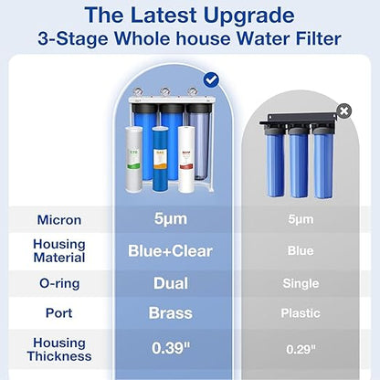 SimPure Whole House Water Filter System, 3-Stage Clear Home Water Pre-Filtration with Carbon Sediment and GAC Filters, Reduce Odor, Chlorine, Taste, Iron, 1" NPT Brass Port, BPA Free (DB20P-3)