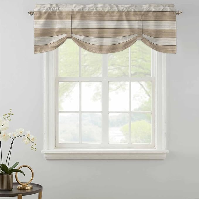 Brown Ombre Wooden Tie Up Valance Curtains for Windows, Kitchen Curtains Window Shades, Farmhouse Retro Khaki Wood Light Filtering Roman Curtain Valances for Bedroom/Bathroom/Cafe 42"x18"