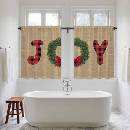 Red Green Christmas Kitchen Tier Curtains 45 Inch Long 2 Panel Set,Rod Pocket Short Window Treatment,Xmas Botanical Winter Farmhouse Curtains & Drapes for Bathroom Basement 27.5"W x 45"L