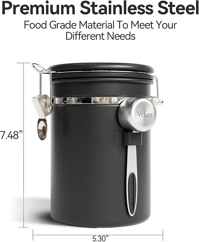 Veken Coffee Canister with Window,Airtight Stainless Steel Pantry Container,Home Kitchen Food Storage Organizers for Ground,Beans,Espresso,Rice,Tea,Sugar,Cereal, Decor,Bar Accessories,Gifts,22OZ,Black