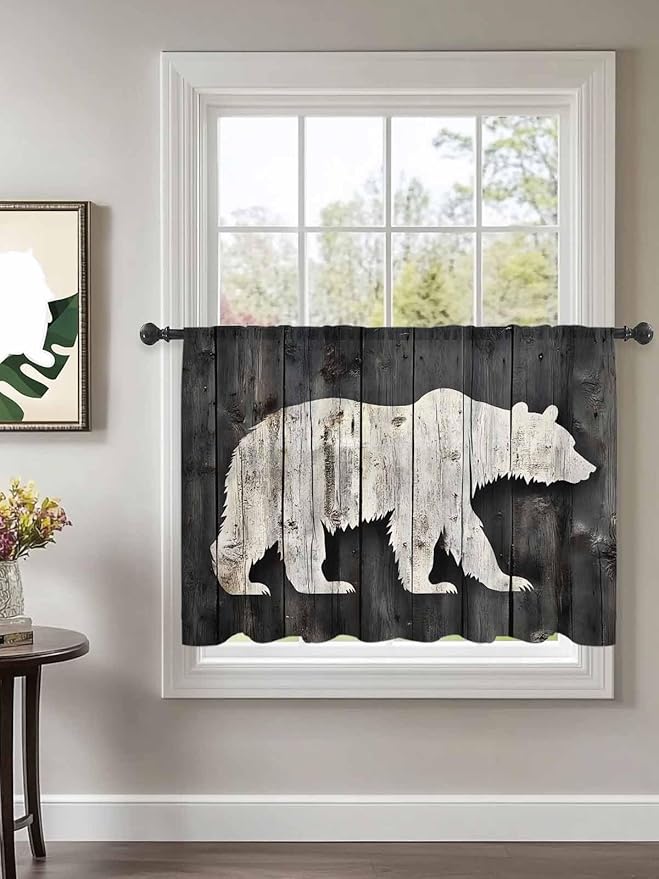 Sheer Curtains 45 Inch Length, White Brown Bear Semi Sheer Curtains Light Filtering Window Treatment, Farmhouse Country Rustic Wooden Grain Privacy Voile Drapes for Living Room Bedroom 52x45 Inch