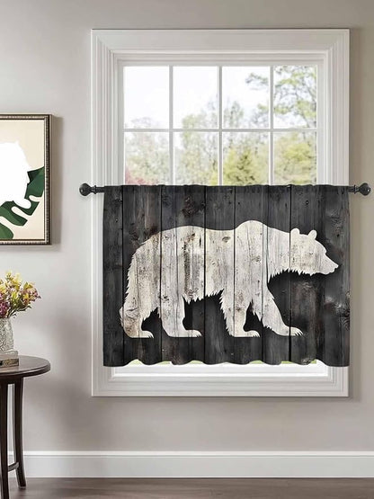 Sheer Curtains 45 Inch Length, White Brown Bear Semi Sheer Curtains Light Filtering Window Treatment, Farmhouse Country Rustic Wooden Grain Privacy Voile Drapes for Living Room Bedroom 52x45 Inch