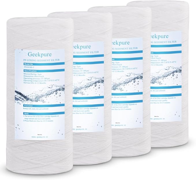 Geekpure 10 Inch String Wound PP Sediment Replacement Filter Cartridge for Whole House Water Filtration-4.5" X 10"-5 Micron-Pack of 4