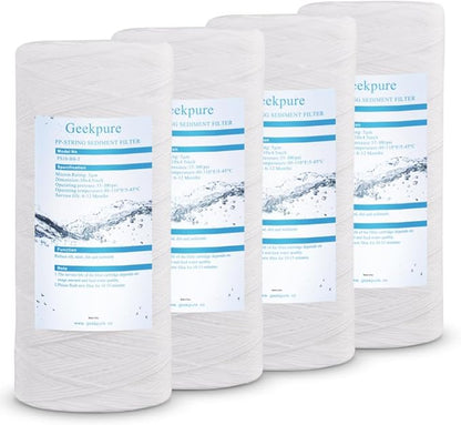 Geekpure 10 Inch String Wound PP Sediment Replacement Filter Cartridge for Whole House Water Filtration-4.5" X 10"-5 Micron-Pack of 4