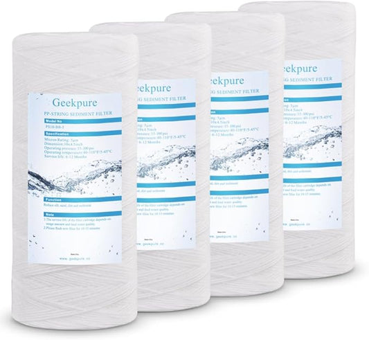 Geekpure 10 Inch String Wound PP Sediment Replacement Filter Cartridge for Whole House Water Filtration-4.5" X 10"-5 Micron-Pack of 4