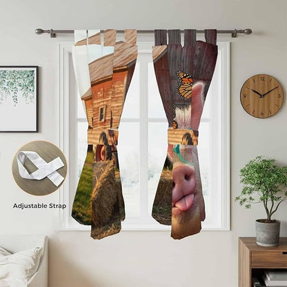 Farm Pig Bedroom Curtains 72 Inch Length, Window Curtains Tab Top, Farmhouse Barn Funny Animals Butterfly Light Filtering Window Treatments Drapes 52"x72" 2 Panel