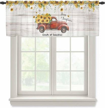 Farmhouses Sunflowers Sheer Valance Curtains, Retro Floral Leaves Red Truck Wood Grain Light Filtering Kitchen Valances Rod Pocket Voile Curtain Treatment for Bedroom/Living Room/Basement 60Wx18L