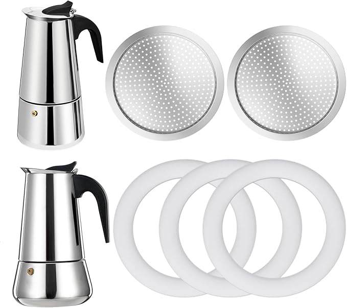 2 Pcs Filter with 3 Pcs Silicone Gasket Seals for 12 Cup Stovetop Espresso Coffee Maker Replacement Parts for Big Tummy and Straight Stainless Steel Moka Pot