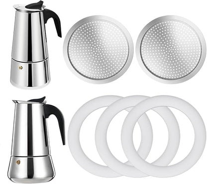 2 Pcs Filter with 3 Pcs Silicone Gasket Seals for 4 Cup Stovetop Espresso Coffee Maker Replacement Parts for Big Tummy and Straight Stainless Steel Moka Pot