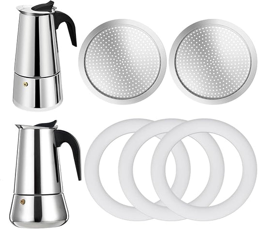 2 Pcs Filter with 3 Pcs Silicone Gasket Seals for 4 Cup Stovetop Espresso Coffee Maker Replacement Parts for Big Tummy and Straight Stainless Steel Moka Pot