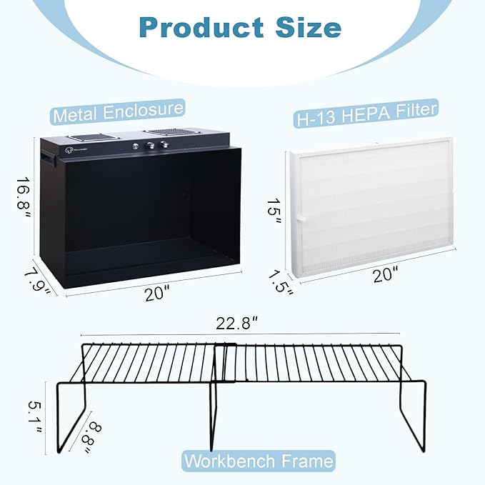 Laminar Flow Hood with H13 HEPA Filter (20"x15"）, FFU Class 100 / ISO 5 Clean Bench with Light for Mycology, Mushroom Cultivation, Lab & Cleanroom, 24V DC with 100–240V Adapter