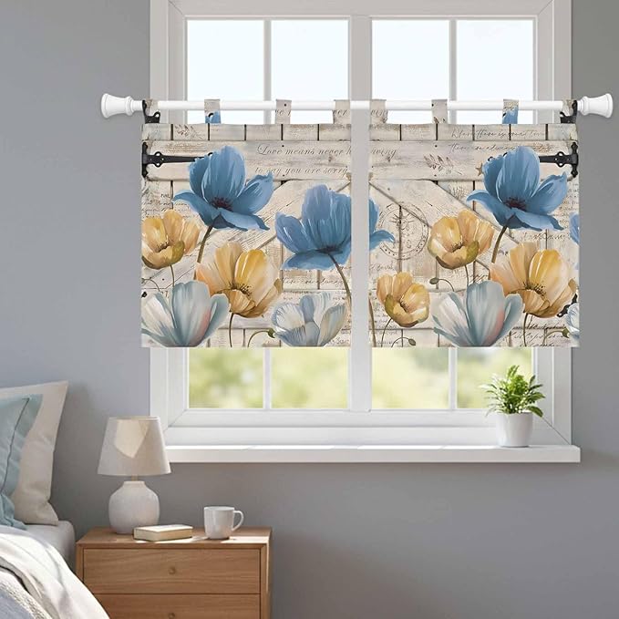 Blue Yellow Tulips Kitchen Curtains 36 Inch Length, Small Window Curtains Tab Top, Retro Farmhouse Flower Barn Doors Wooden Light Filtering Short Window Treatments Tier Drapes 27.5"x36" 2 Panel