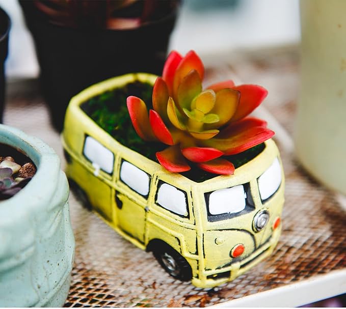 Cute Succulent Plants Planters, Small Planters with Drainage Hole, Flower Pots for Home Indoor Outdoor Garden Decoration (Yellow Bus)