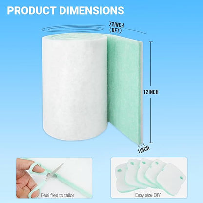 Aquarium Filter Media - Reusable Filter Floss for Fish & Turtle Tank Filters | Strong Density, Thick 12” x 72” x 0.75”-1” | Cut-to-Fit Pond Filter Pad (Green/White)