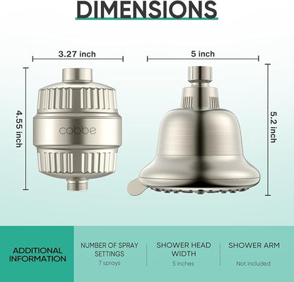 Cobbe Luxury Double Filtered Shower Head, High Output 16+20 Stages – 99% REMOVAL Shower Filters for Hard Water Removes Chlorine and Harmful Substances, 7-Model Setting Spray, Brushed Nickel